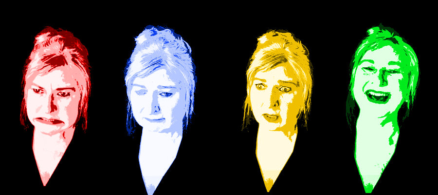 Mein Hintergrund: wie ich arbeite - Vier Gesichter mit den Gefühlen Wut, Angst, Traurigkeit und Freude